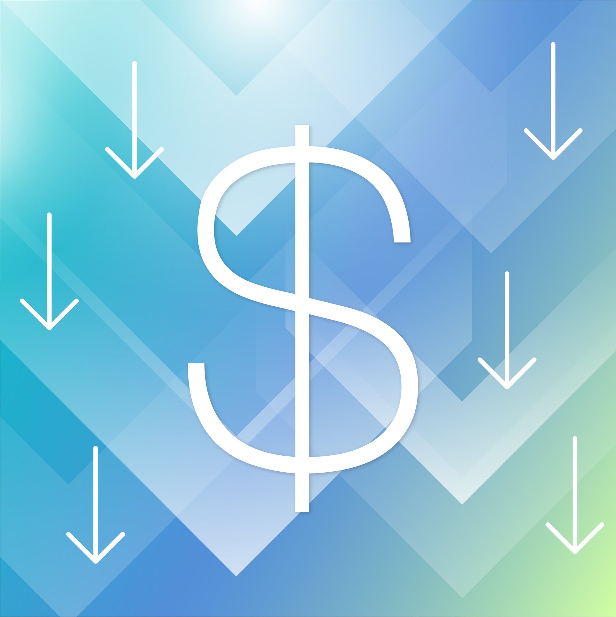 White dollar sign with arrows down on top of a purple and green gradient background.