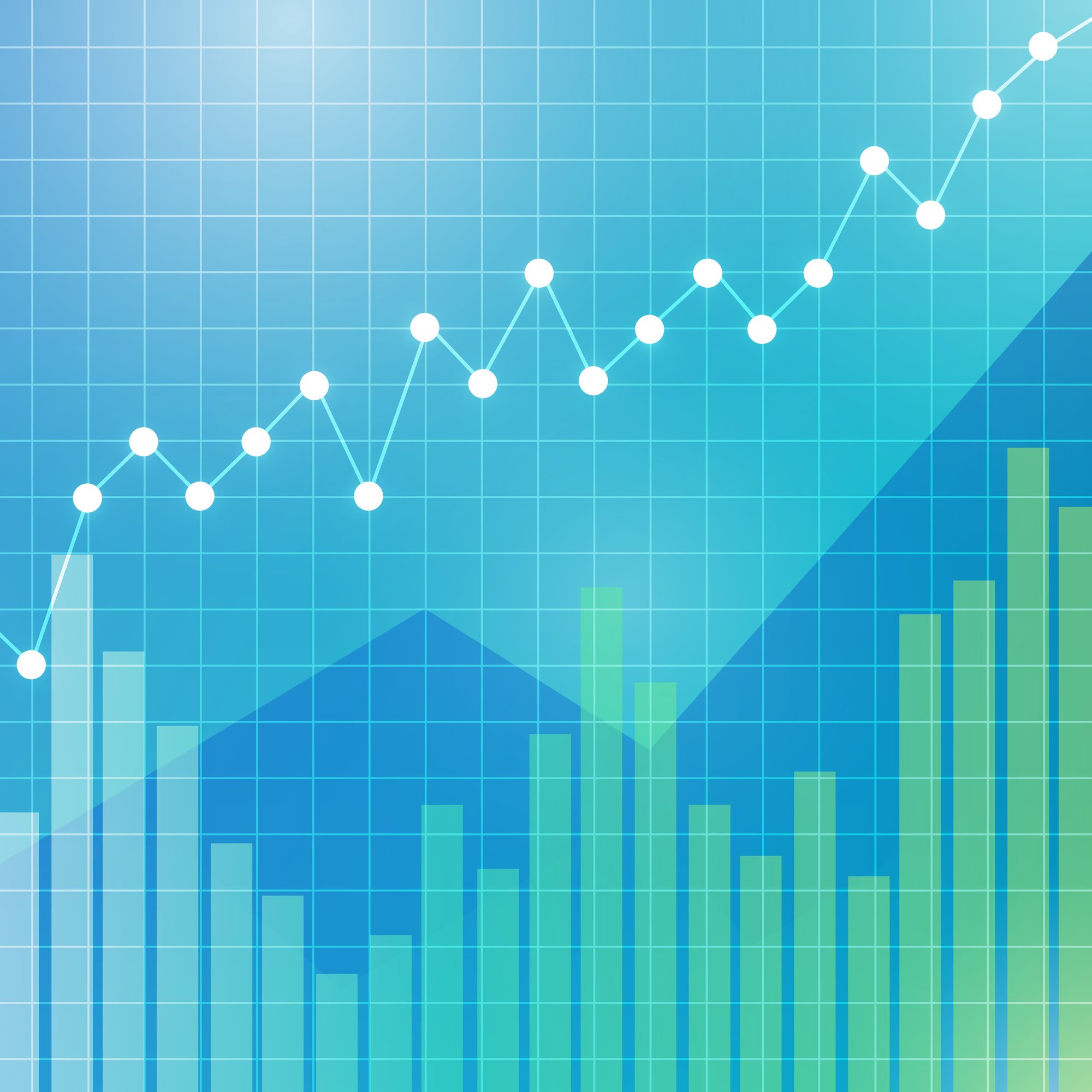 Green and blue bar graphs with a white line graph increasing, showing an increase in revenue.