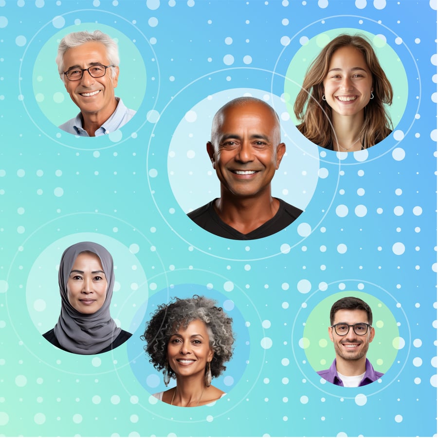 Many multicultural human faces atop a blue and green background, with white dots