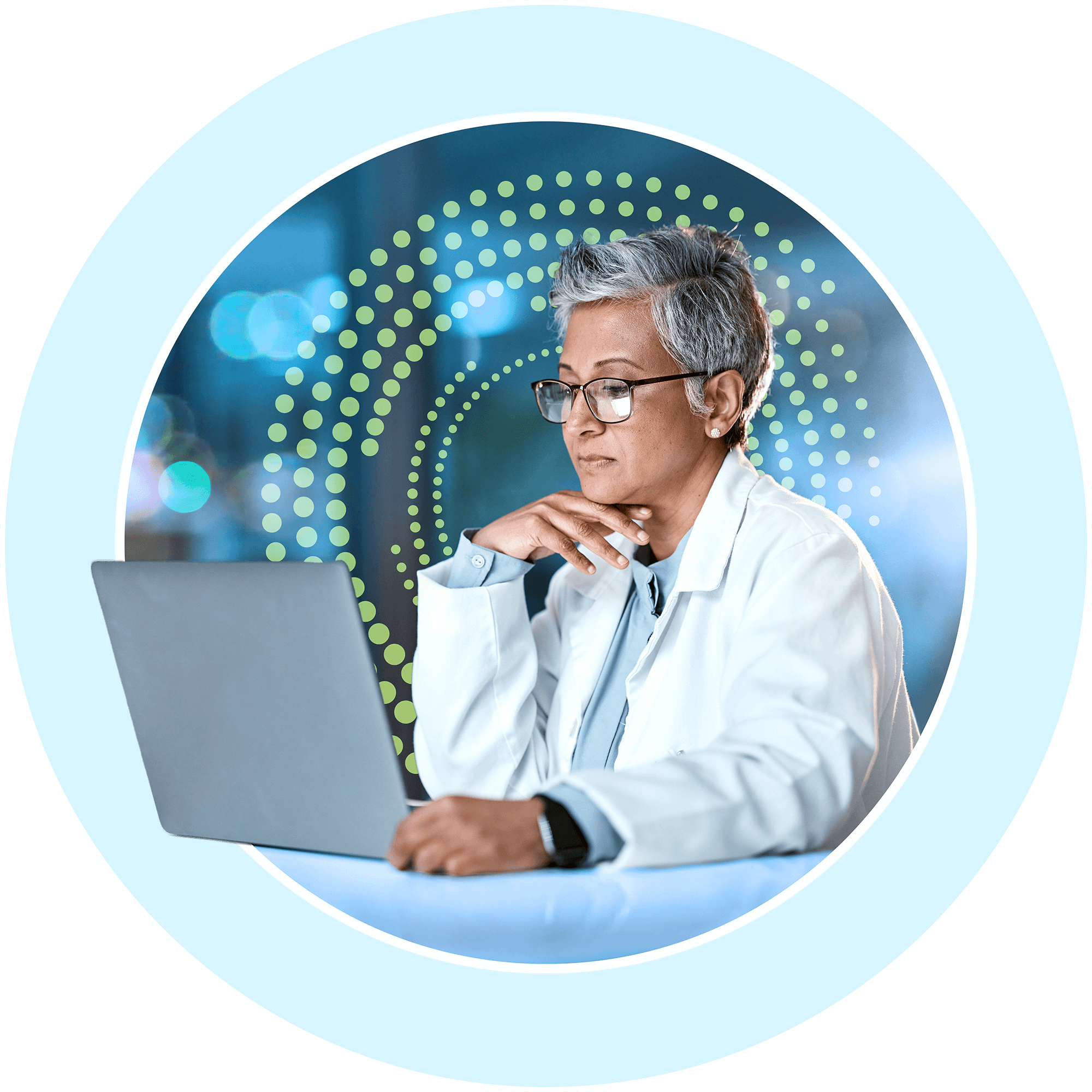 Female doctor sitting at her desk, looking at a laptop. Light green spiraling dots are in the background, representing the Clearsense logo