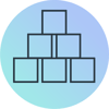 Purple and green gradient circle with black stacks of boxes, representing teamwork